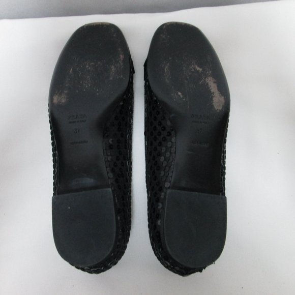 PRADA Vintage black Sequin Satin Leather flats with bow Italy slides Size 37 7 - Picture 13 of 14